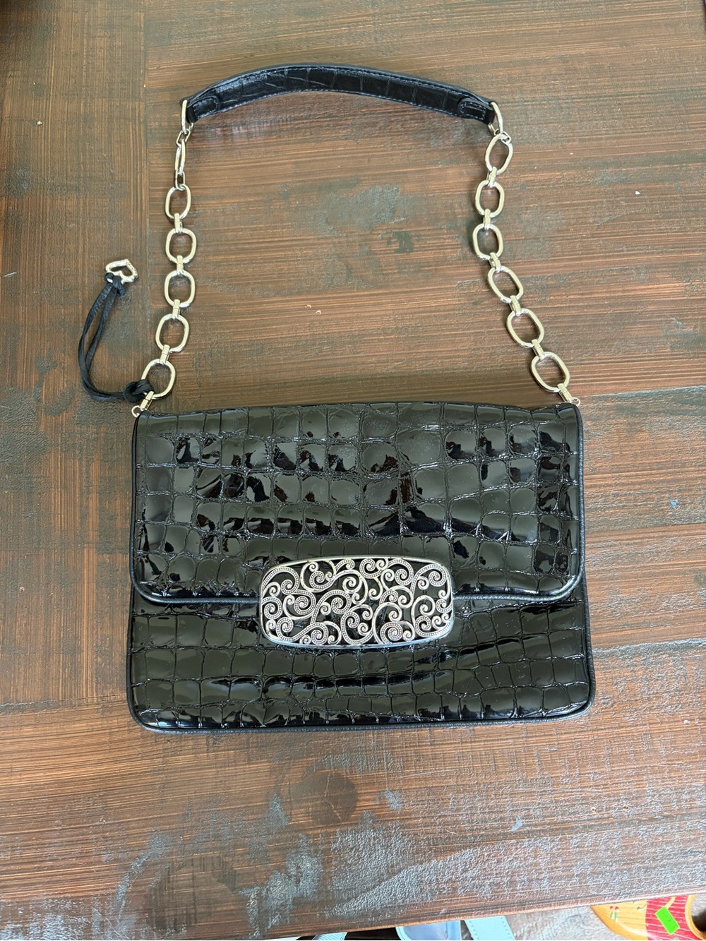 Black Brighton Croc-Embossed Shoulder